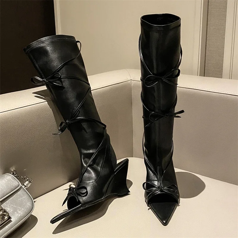 Eilyken Design Butterfly-knot Knee-High Women Boots Sandal Sexy Pointed Peep Toe Wedges Heels Hollow Out Long Shoes