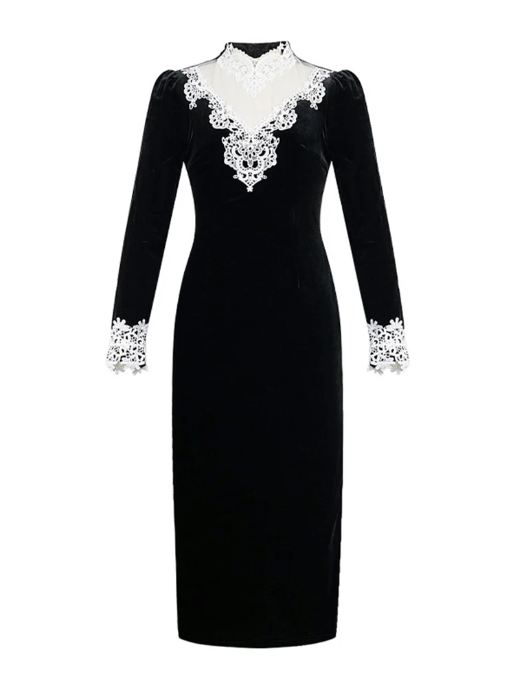 ชุดเดรสกำมะหยี่สีดำแขนพองทรงเข้ารูปความยาวปานกลาง คอสูงผ้าลูกไม้ซีทรู สไตล์หรูหราแบบเรโทร เหมาะสำหรับงานเลี้ยงค็อกเทล งานพรอม