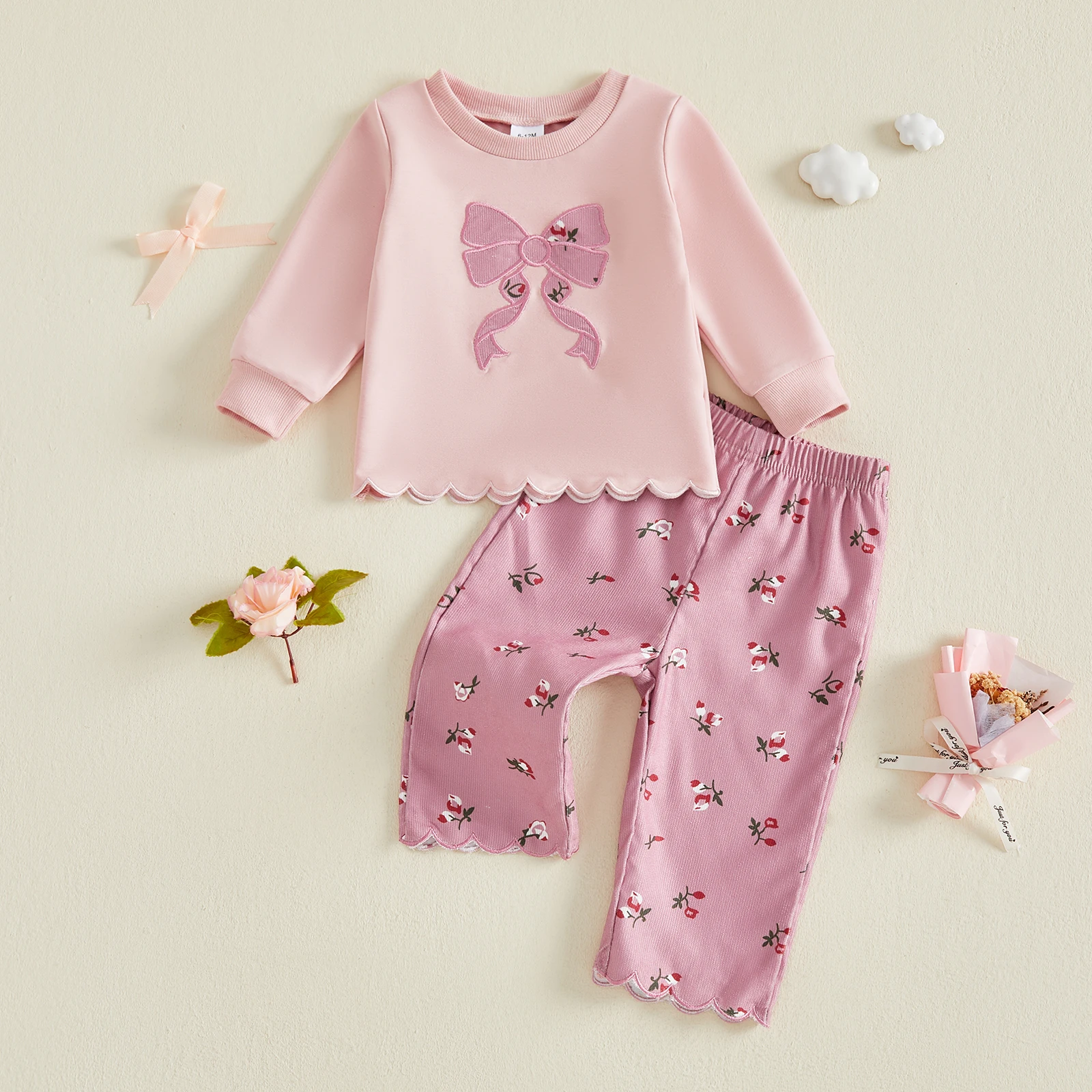 1-4Y Toddler Girl Fall Outfits Bow Embroidery Long Sleeve Sweatshirt Tops With Pants Sweet Girls Costume Set