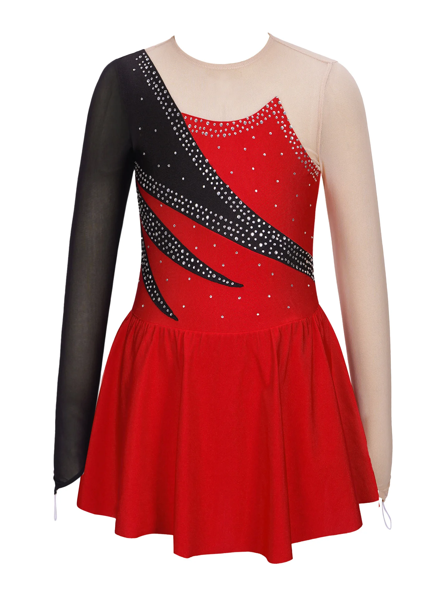 Crianças meninas vestido de dança dancewear à moda roupas em torno do decote contraste cor strass decorado oco voltar patinação vestido