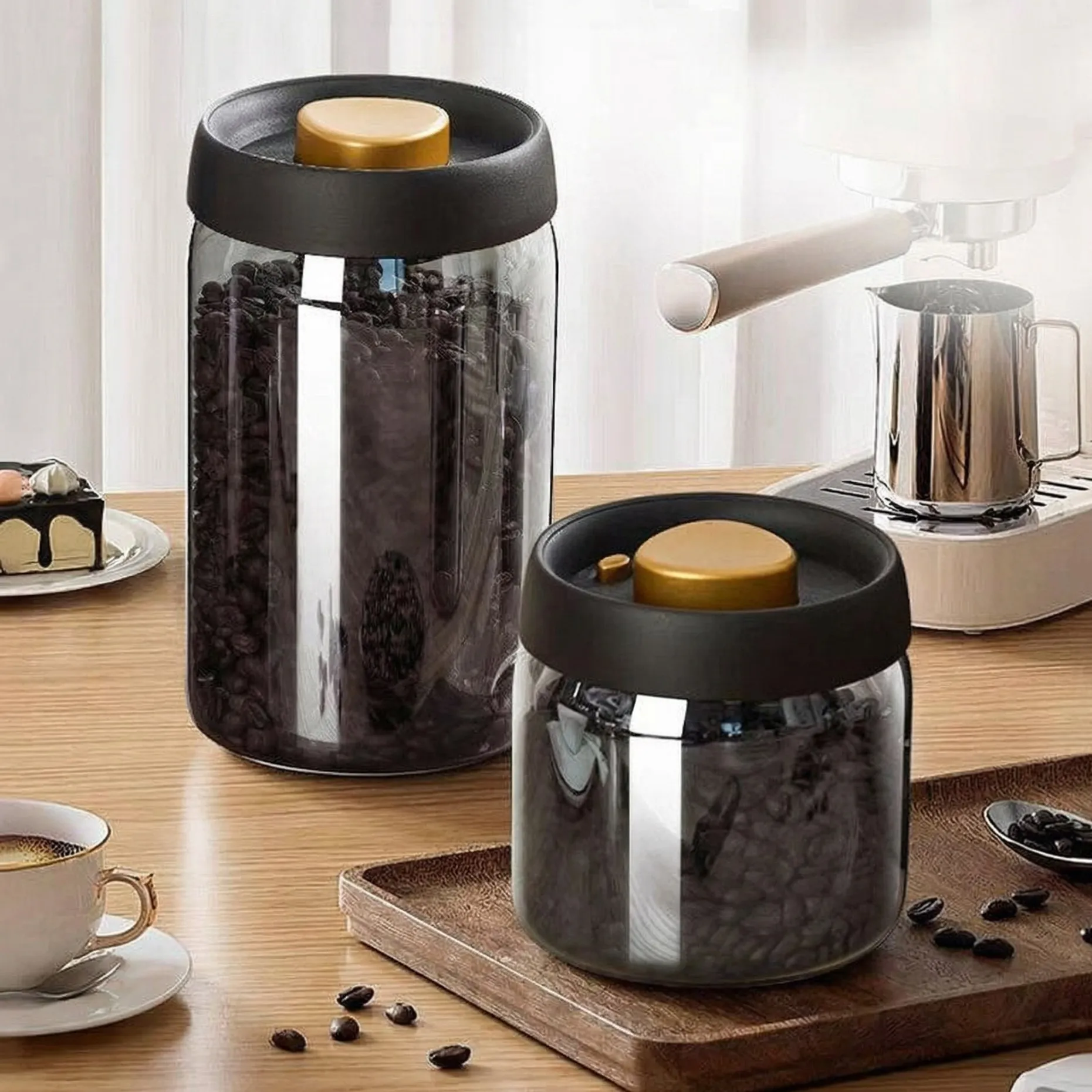 Vacuum Coffee Canister Press-Type Airtight Glass Jar for Coffee Beans Tea Nuts Freshness Storage Food Container