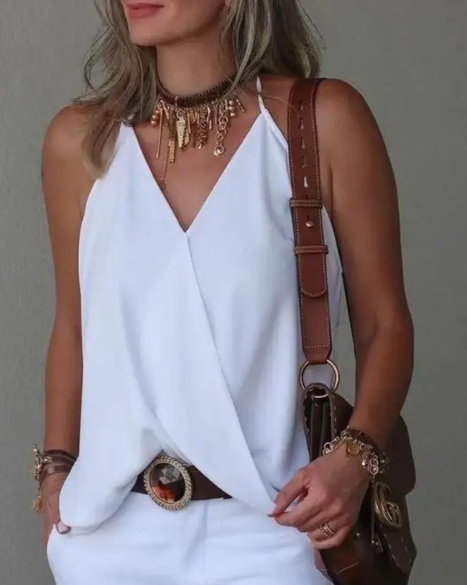 New Fashion 2023 Casual Summer Halter Sleeveless Wrap Tank Top Female T-Shirts Pullover Tops