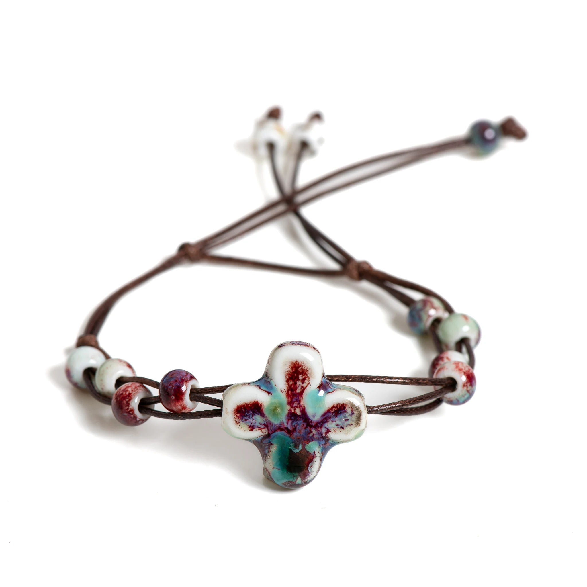 Handcrafted Adjustable Ceramic Floral Charm Bracelet Women Waxed Rope Jewelry Unique Gift Fashion Accessories Boho Style 145