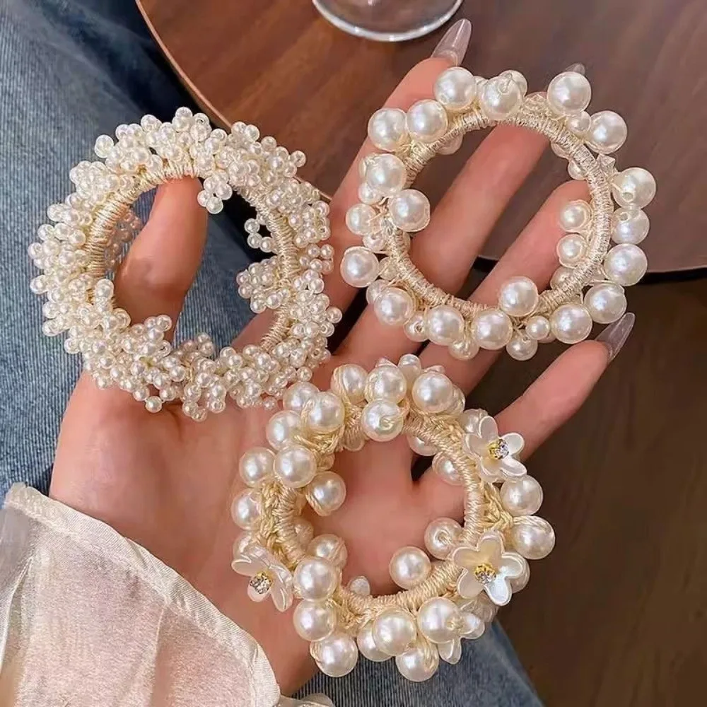 New Sweet Faux Pearl Hair Ties Hand-Woven 2 in 1 Elastic Hair Rope Elegant Bracelet Hair Accessories Party