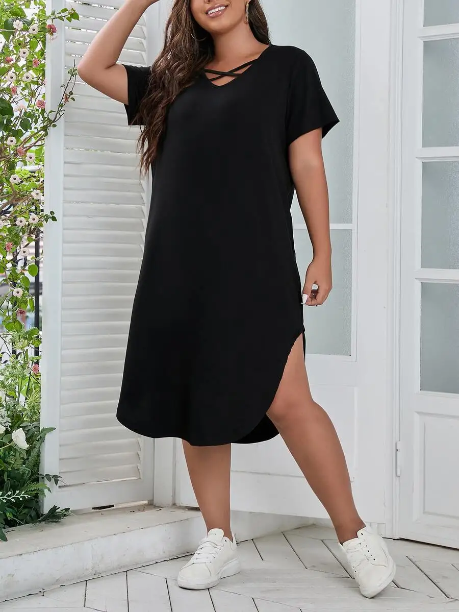 

Black Crisscross Front Curved Hem T-Shirt Dress Casual Loose Fit Women