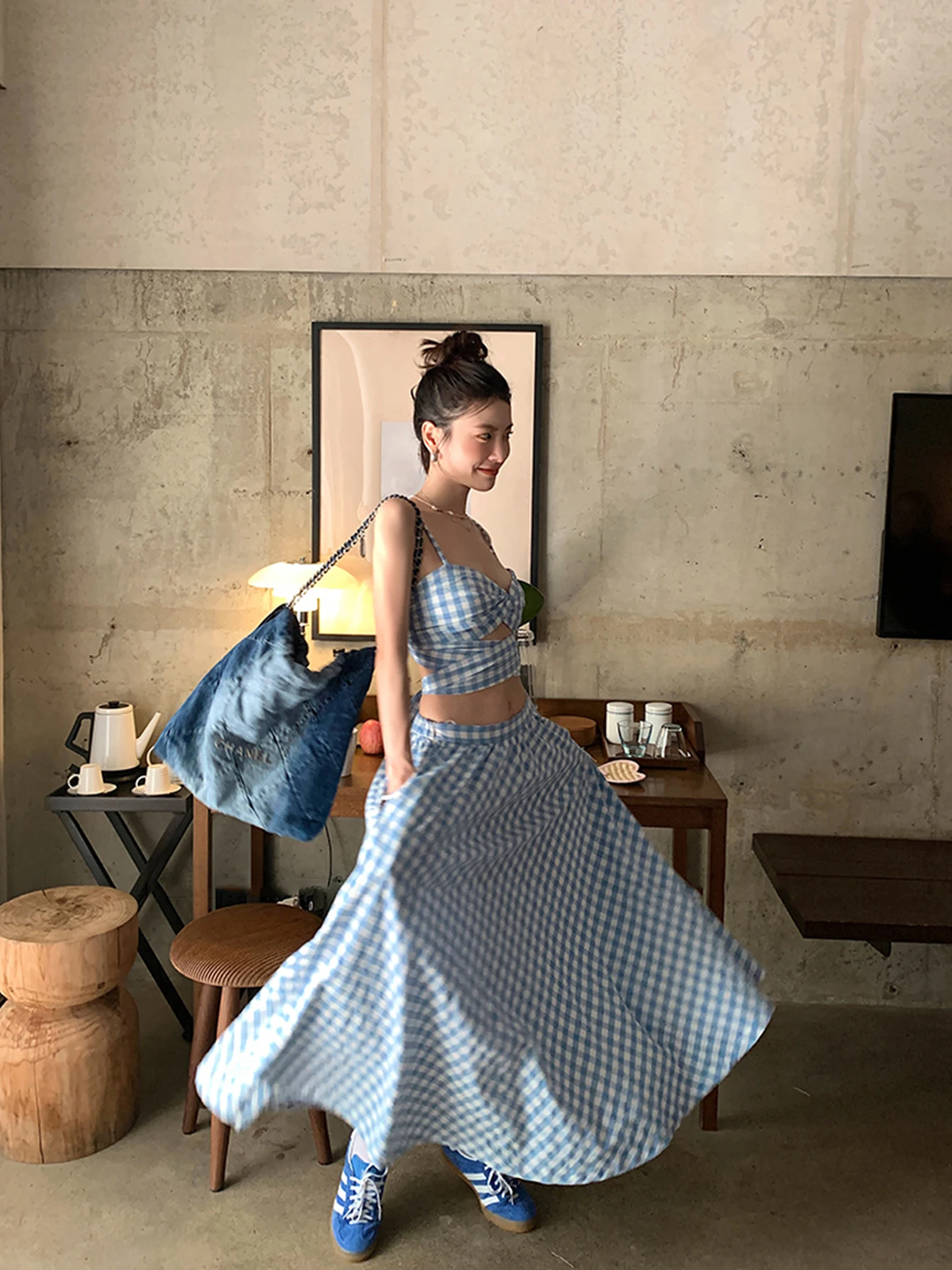 REDDACHiC Blue Plaid Corset Maxi Skirt Women 2-piece Set Sweet Cute High Rise Long Skirt Bandage Crop Tube Top Summer Beachwear