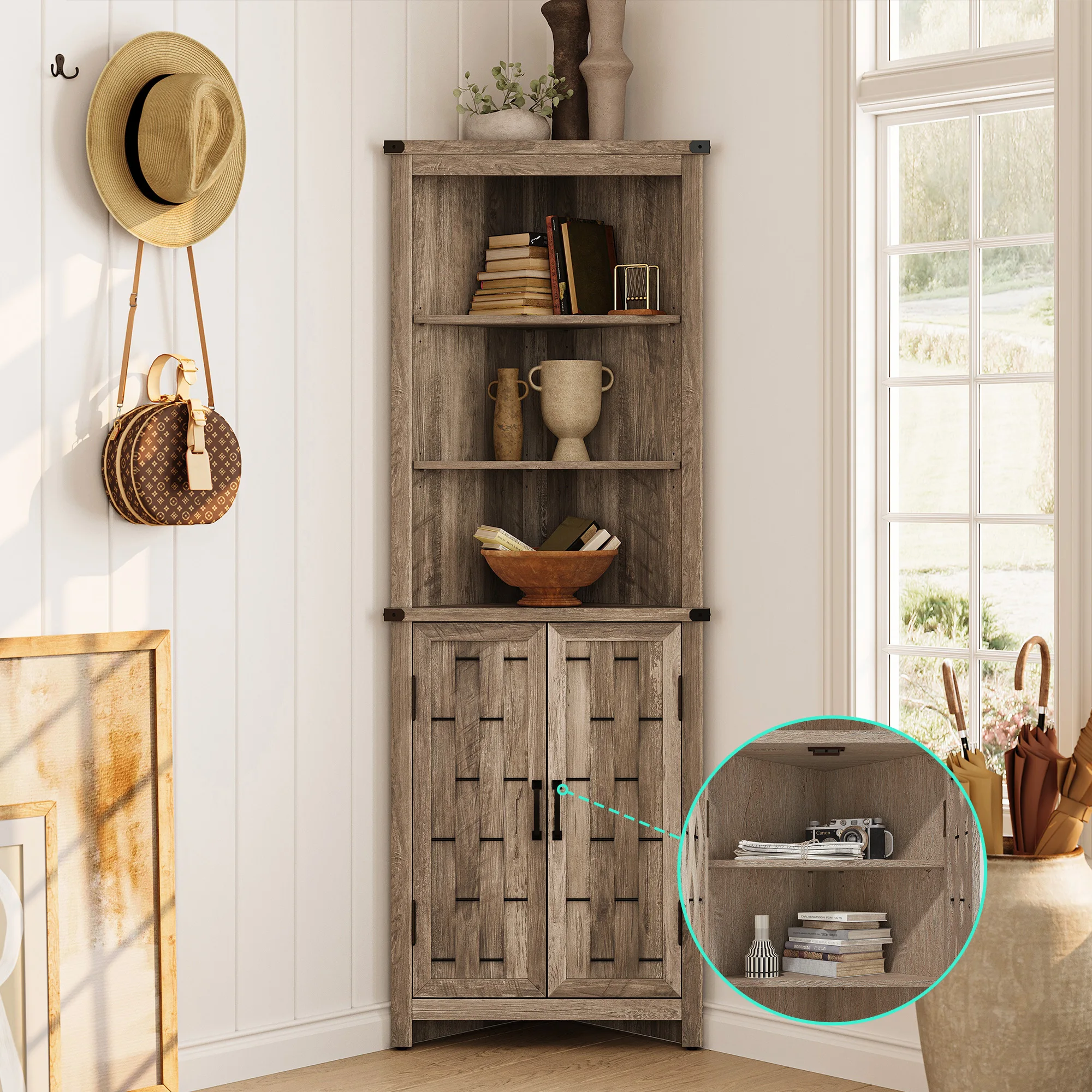 LINSY HOME Tall Corner Cabinet, Farmhouse Storage Cabinet with Barn Door Design & Adjustable Shelves