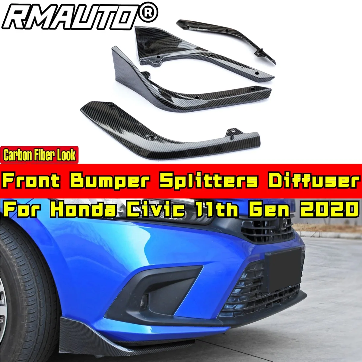 

For Honda Civic 11th Gen 2022 Body Kit Front Bumper Lip Splitters Diffuse Carbon Fiber Look Sport Style Car Accessories