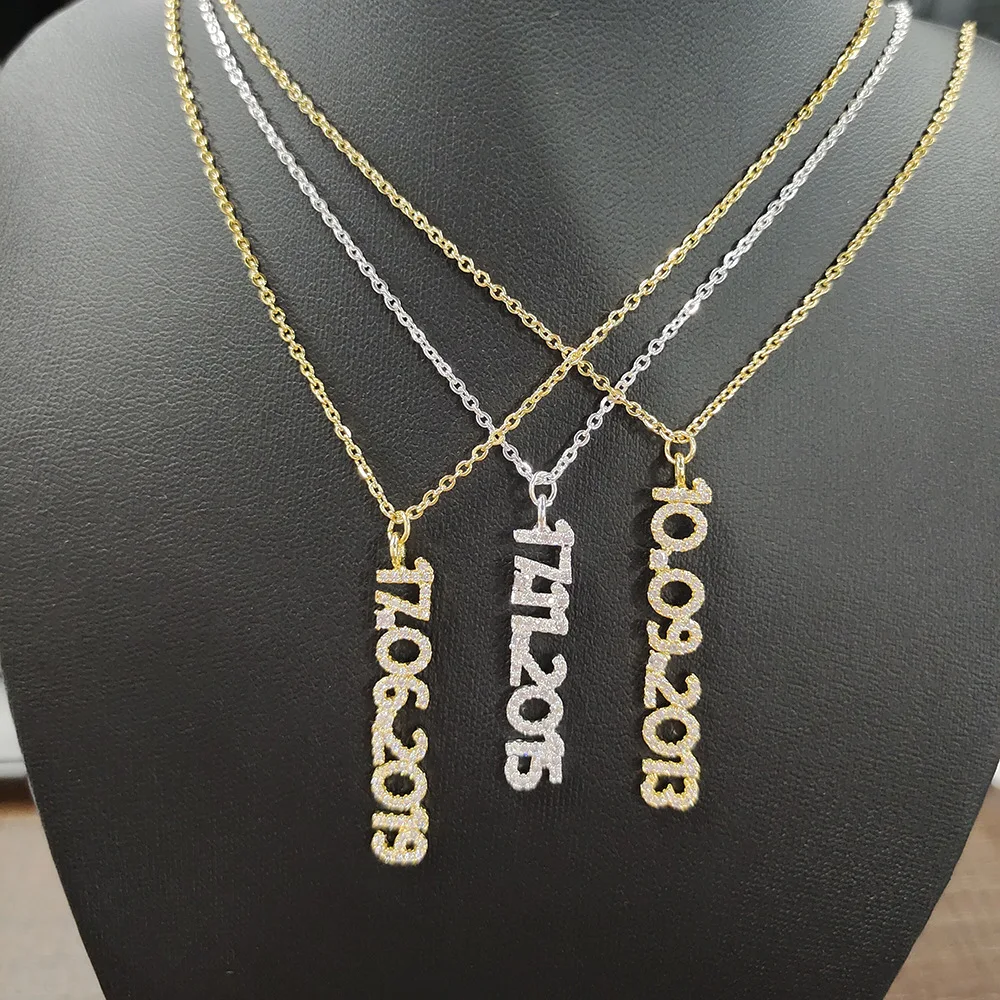 Dainty Women Custom Birth Date Necklace Ice Out Zircon Stones Paved Vertical Pendant Personalized Number Elegant Girl Jewelry