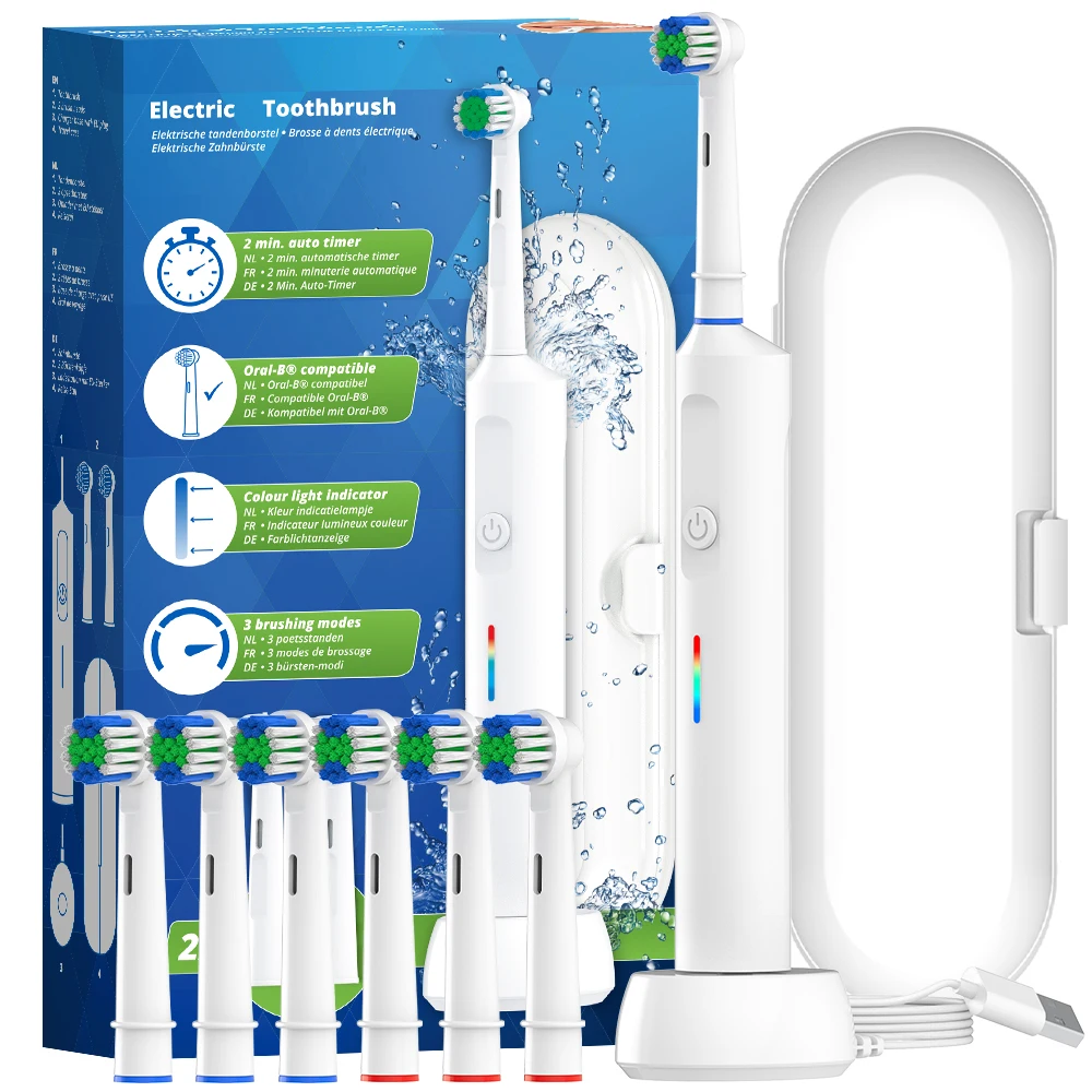 Smart Wireless Charging Rotating Electric Toothbrush, Rechargeable Toothbrushes with 6 Heads, Compatible with Oral B Brush Heads