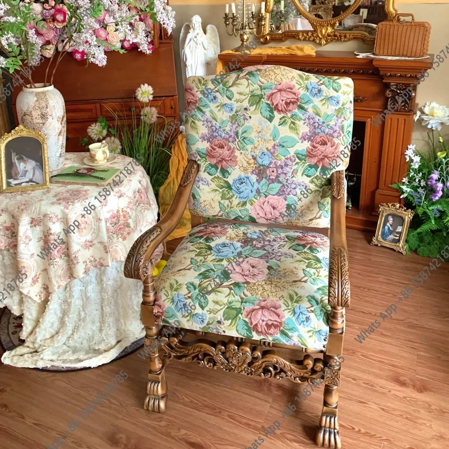 30 French retro solid wood sofa medieval living room carved single American pastoral leisure studio shooting chair