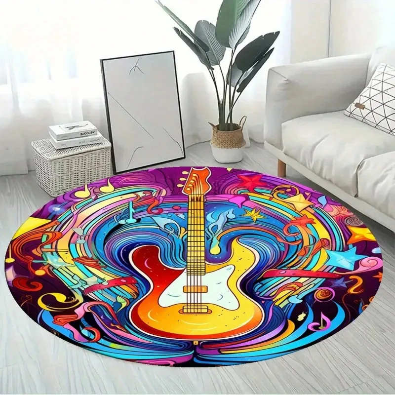 Guitar Pattern Carpet Round Area Rug Colorful Music Theme Home Decor Floor Cover Studio Lounge Accent Decor Living Room Bedroom
