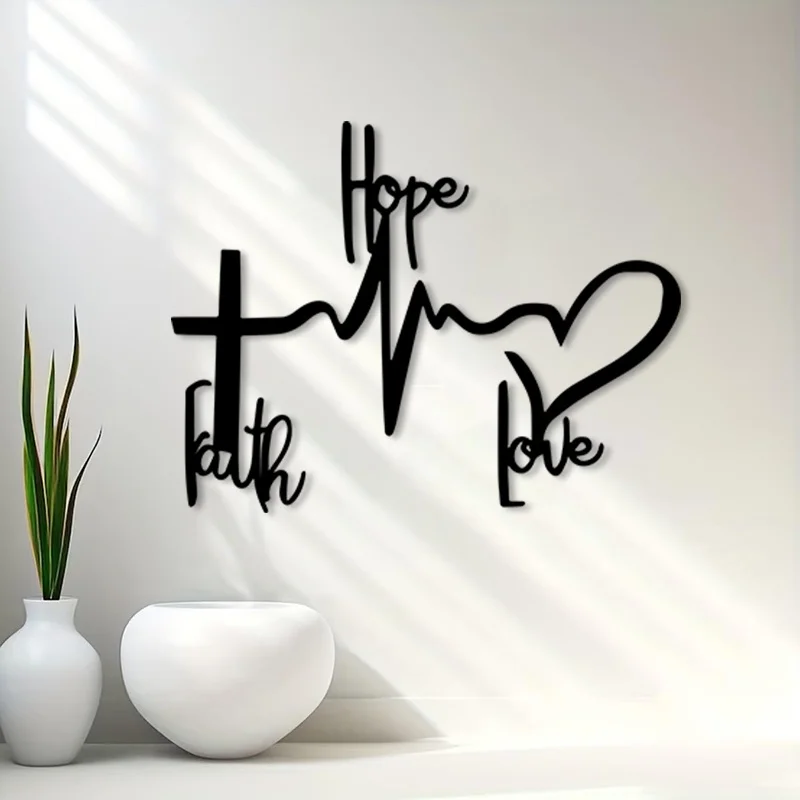 Vintage Faith Cross Metal Wall Art, Christian Iron Decor with Hope Love Letter & Heartbeat Design, Powder Coated Rustic Wall Han