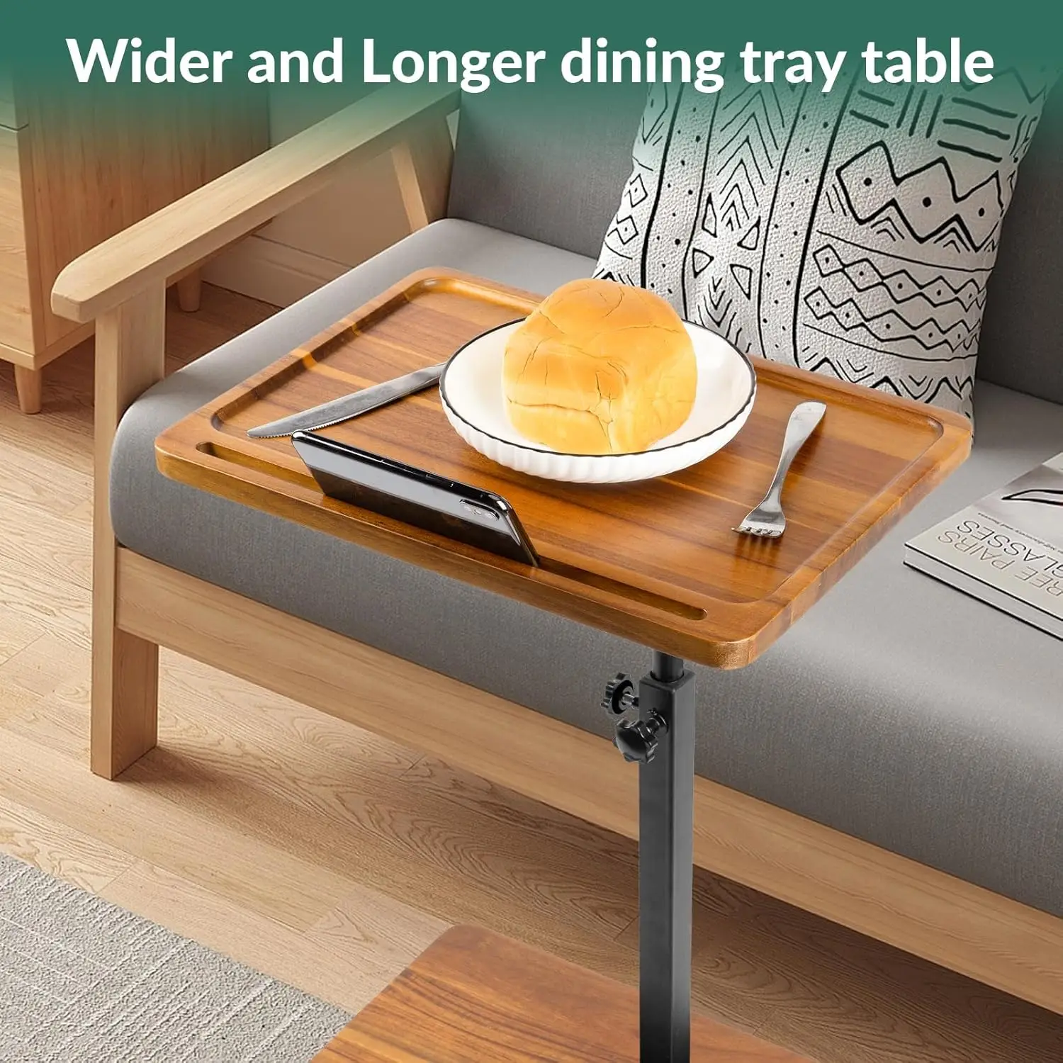 360° Swivel Height Adjustable TV Tray with Phone & Tablet Slot,Snack Side Table End Table for Small Spaces, Bed or Chair