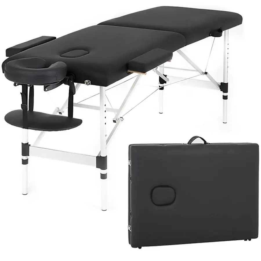 Massageliege, Spa-Liege, 185 cm Aluminium-Massagetisch mit Kopfstütze, Tragetasche, Höhenverstellbar, 2-fach Faltbar, Tragbar