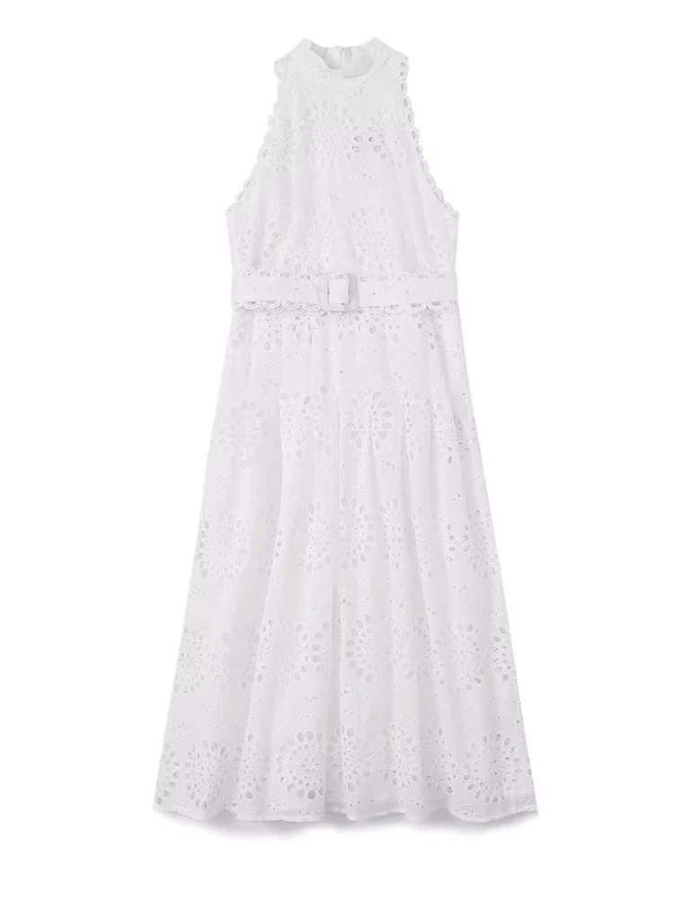 Luxury Women lace Sleeveless dress White Elegant Embroidered long shirt dress Sexy Beach Clothing Ladies Summer 2023 INKEO 3D045