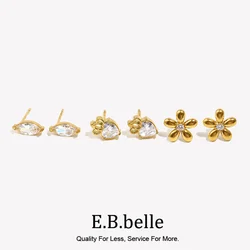 E.B.belle Mini Zircon Flower Crown Horse Eye Earrings 18K Gold Plated Women's Earrings 316L Stainless Steel Accessories