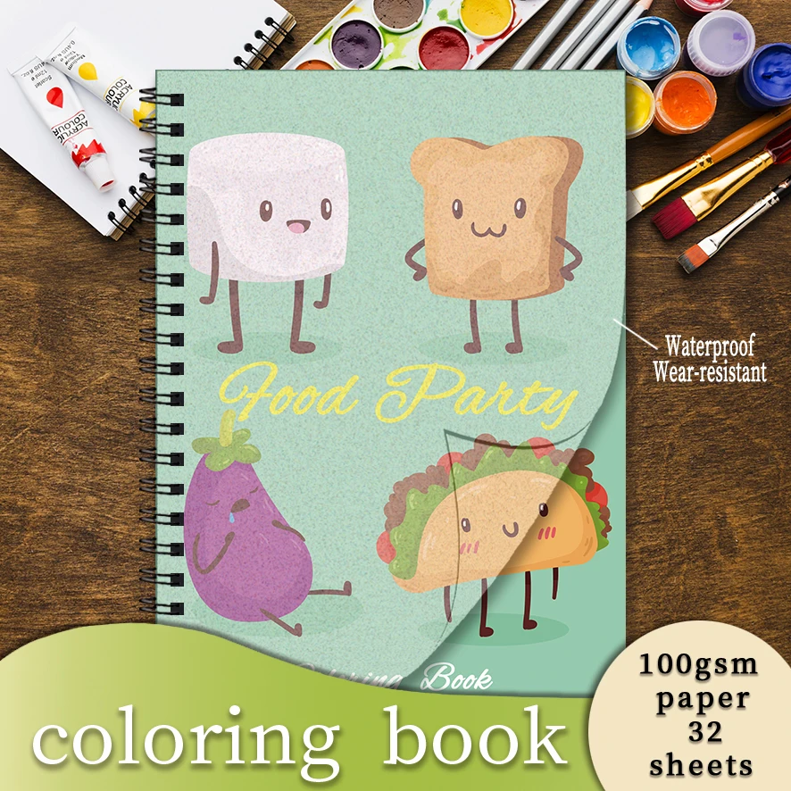 Food Party Adult Coloring Book - 8.3x 11.2 Inch 32 Page Coloring Book - Helps Reduce Stress and Ease Emotions