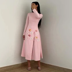 Shiyiecy Tea Length Evening Dress Simple Long Sleeves Jersey Prom Dress 3D Flowers Side Split Special Occaion Gowns Custom Made