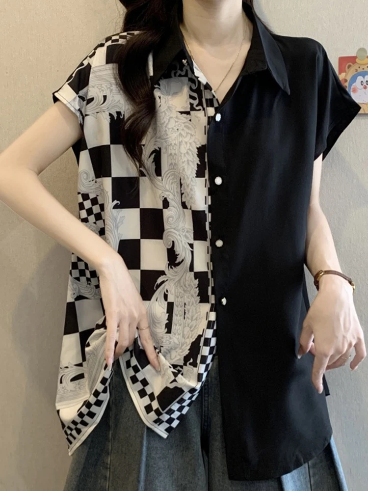 YERMORA الأبيض تقسم منقوشة طباعة بلوزة غير رسمية للنساء التلبيب قصيرة الأكمام فضفاضة قميص جديد موضة المد الربيع الصيف 2025