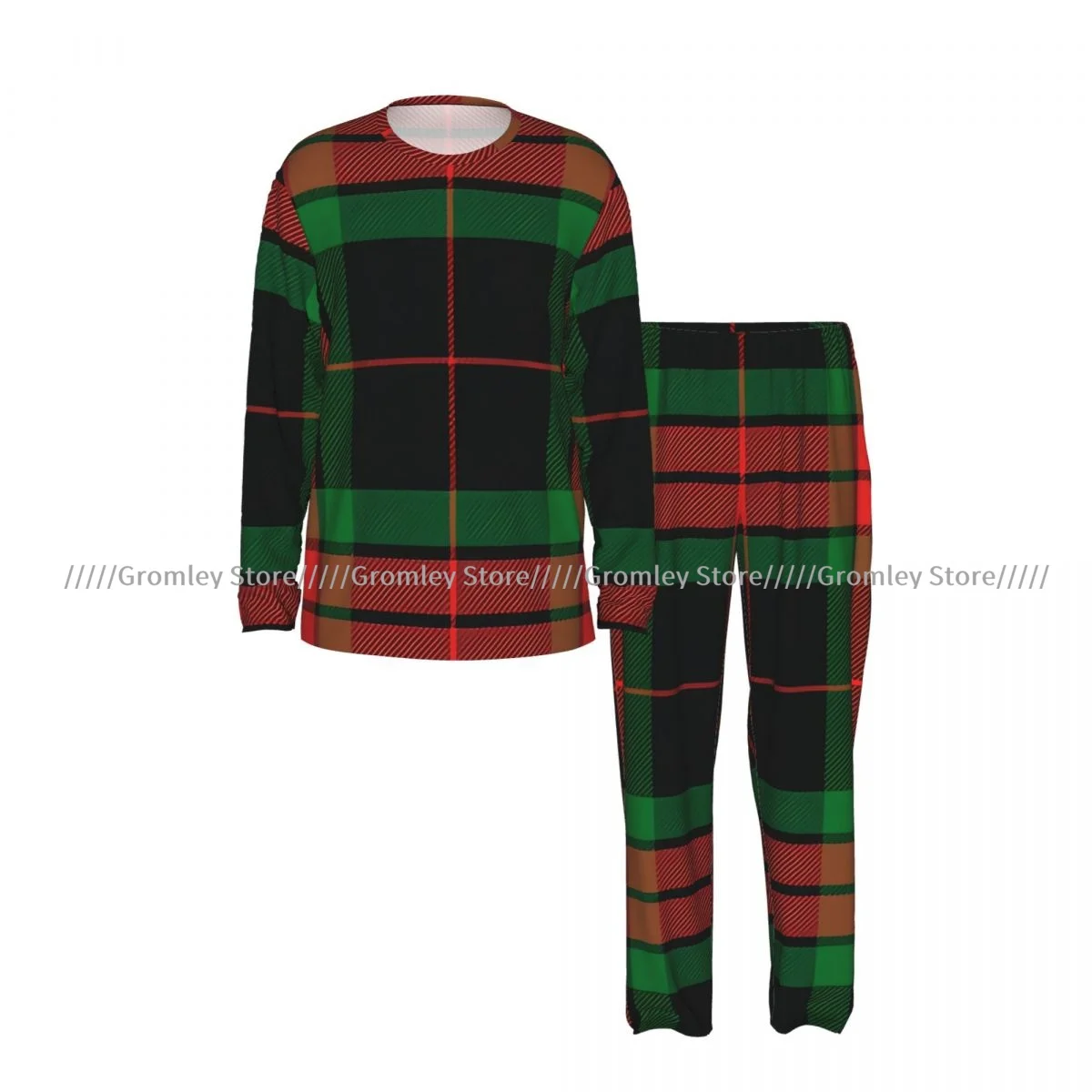 Christmas Plaid Scottish Pattern Men's Pajama Set Long Sleeve T-Shirt and Long Pants Sleepwear Male Nightwear Home Suit