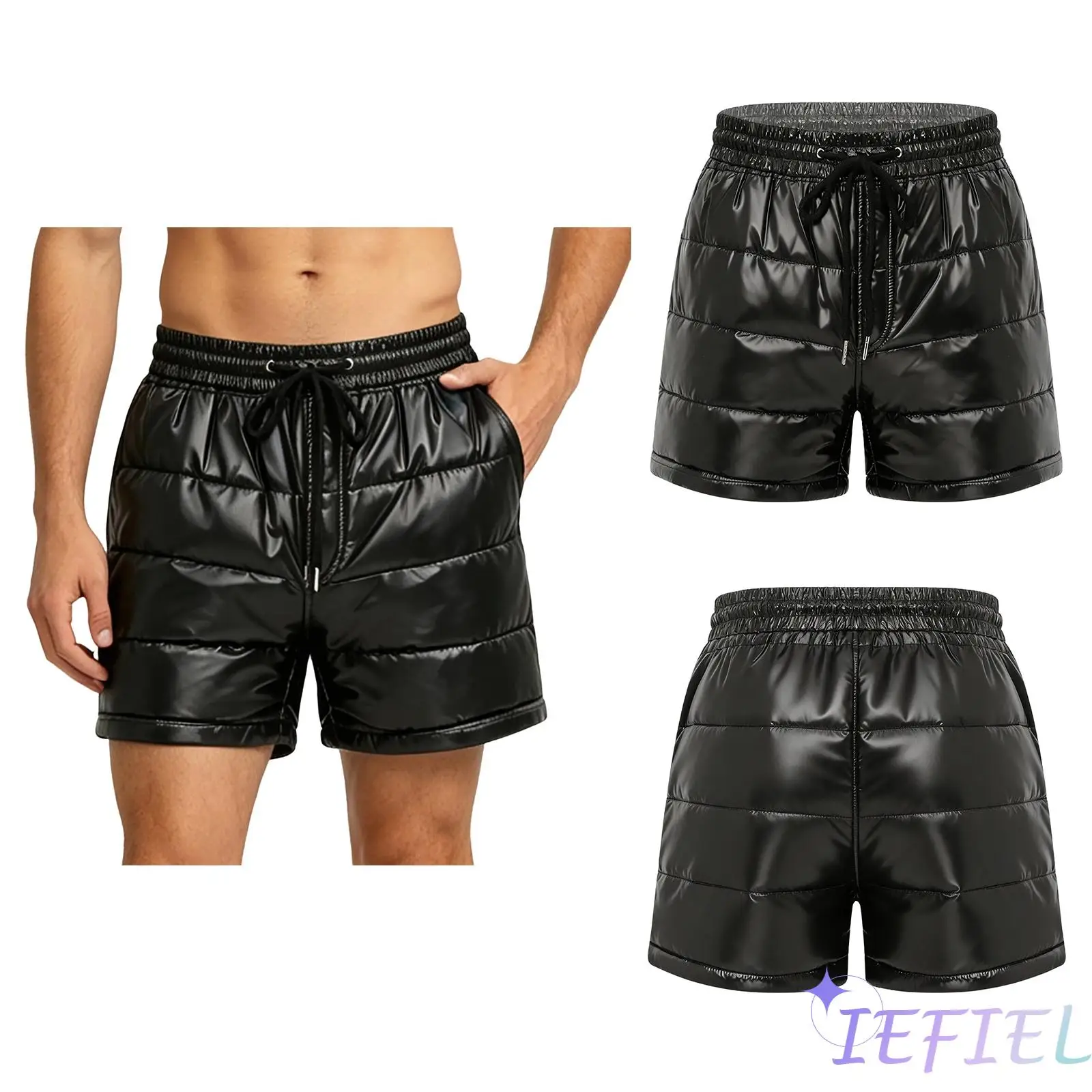 Modische Puffer-Boxershorts für Herren, elastischer Kordelzug am Bund, gepolsterte Seitentaschen, auslaufsichere Shorts für Disco-Party, Clubwear