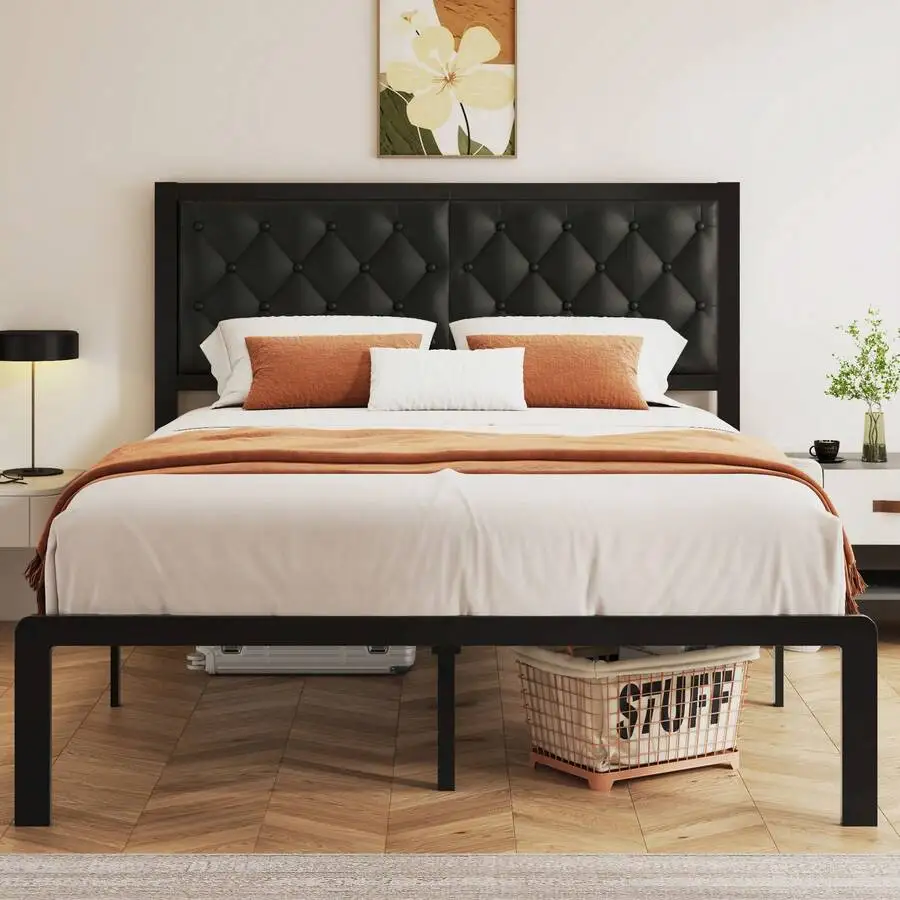 Gunji Queen/King/Full/Twin Bed Frame With Tufted Headboard Metal Platform Bed Frame With Under-Bed Storage,All Metal Support System,No Box Spring Needed,Noise-Free,Easy Assembly,Black