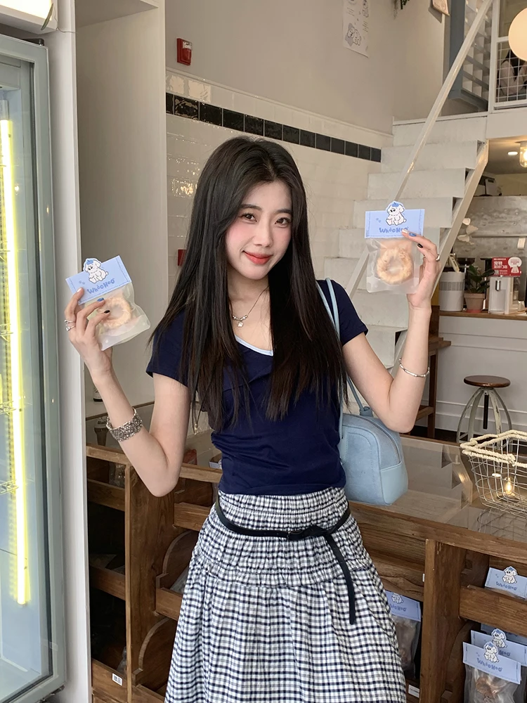 

Joeyoo Новая весенняя женская приталенная футболка с коротким рукавом и V-образным вырезом, повседневная, однотонная, для ношения как нижний или верхний слой, дышащая