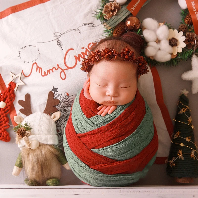 Newborn Photo Cotton Gauze Baby Swaddle Blanket Christmas Holiday Wreath Props Baby Headflower Studio Photography Accessories