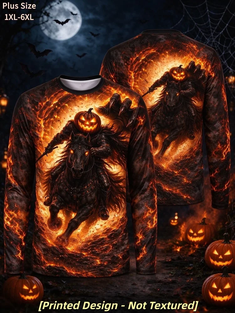 Men's Halloween Pumpkin Knight Long Sleeve T-Shirt Fire Moon Bat Graphic Pullover Tops Gift Hot New Fashion