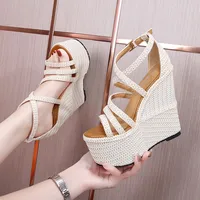 Summer 16cm High Heel Wedges Heel Sandals 14cm Fashion Thick Bottom Platform Open Toe Ladies Sandals leather gladiator sandals