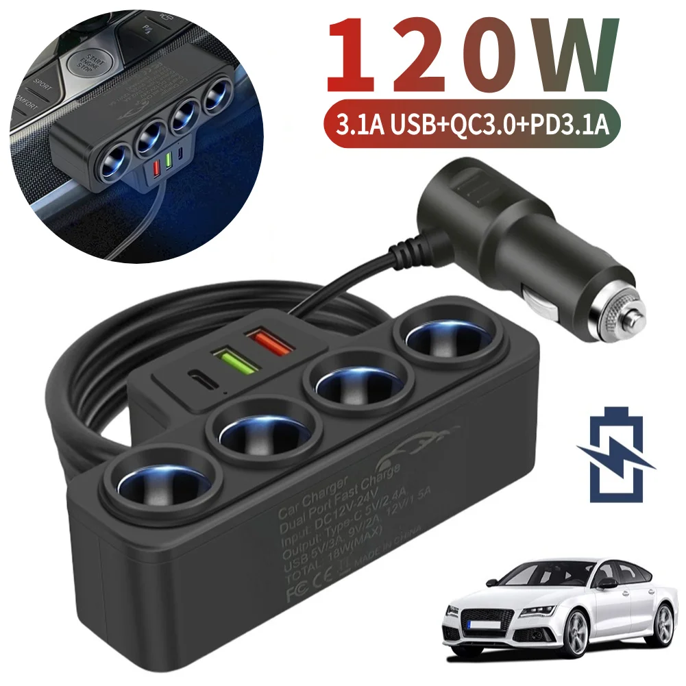 Car Cigarette Lighter Adapter QC3.0+PD 3.1A 12V-24V 3 USB Socket 4-Socket 3 USB Ports Car Cigarette Lighter Socket Splitter Plug