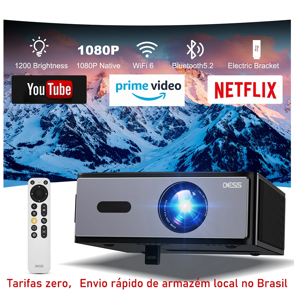 Projetor DESS C4 PRO 1080P Full HD LED Bluetooth 5.2 WiFi 2.4G 5G Android com Foco Automático para Vídeo e Home Theater
