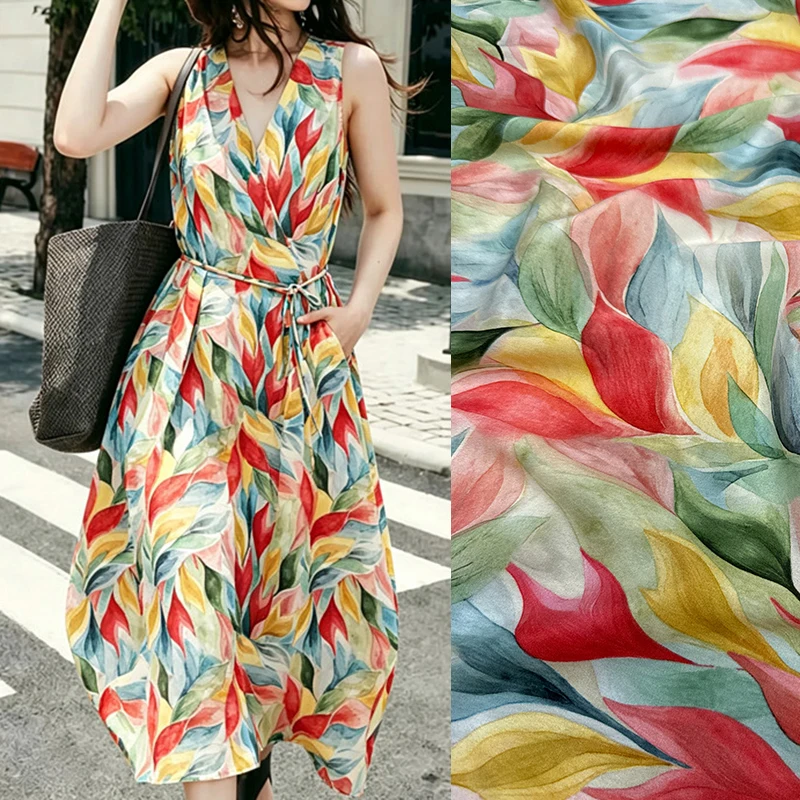 Colorful Abstract Printed Stretch Silk Crepe de Chine Fabric for DIY Sewing Summer Dress Pajamas Soft Silk Fabric FR7042