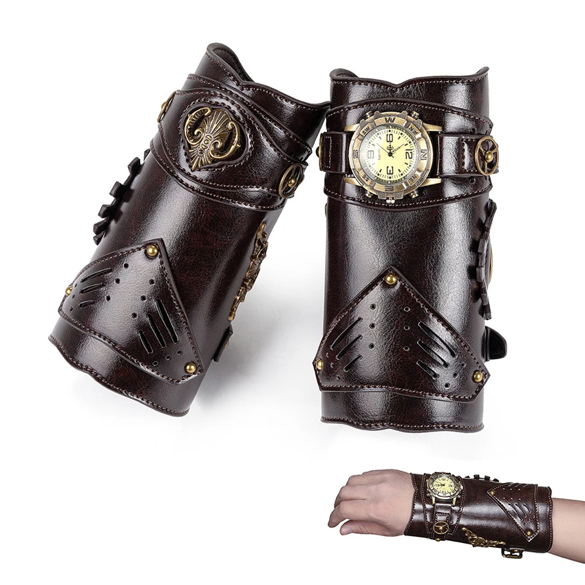 Vintage Steampunk Medieval Knight Bracer Wrist Band Guard Watch Leather Men's Wrister Armor Prop Vintage Cosplay Accessory