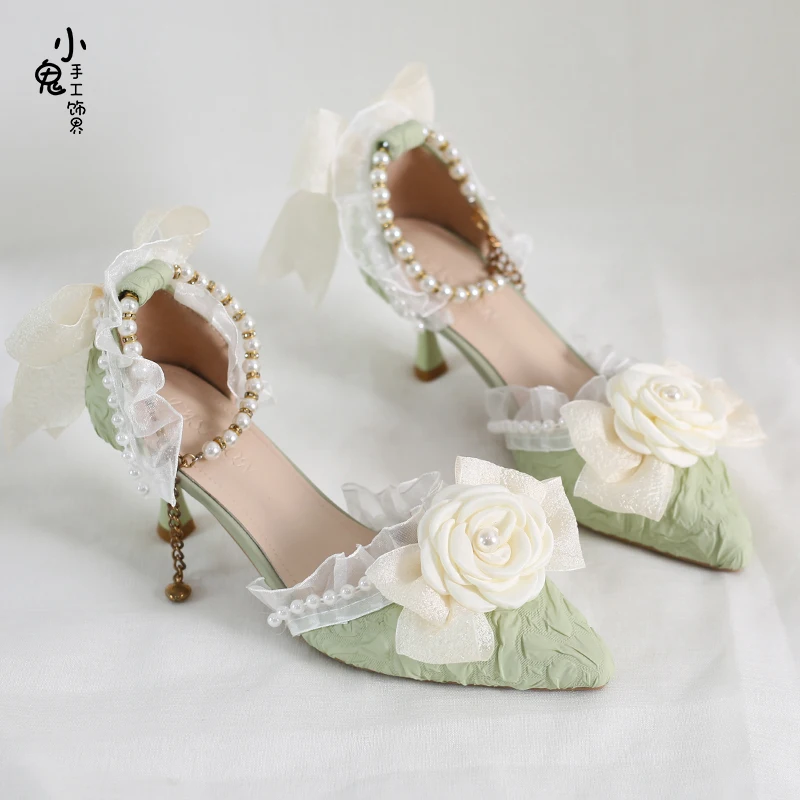 Tacchi alti originali Lolita French Rose Elegant camelia Lo Shoes Bow Lace Single Shoes Sweet Girl Tea Party scarpe singole