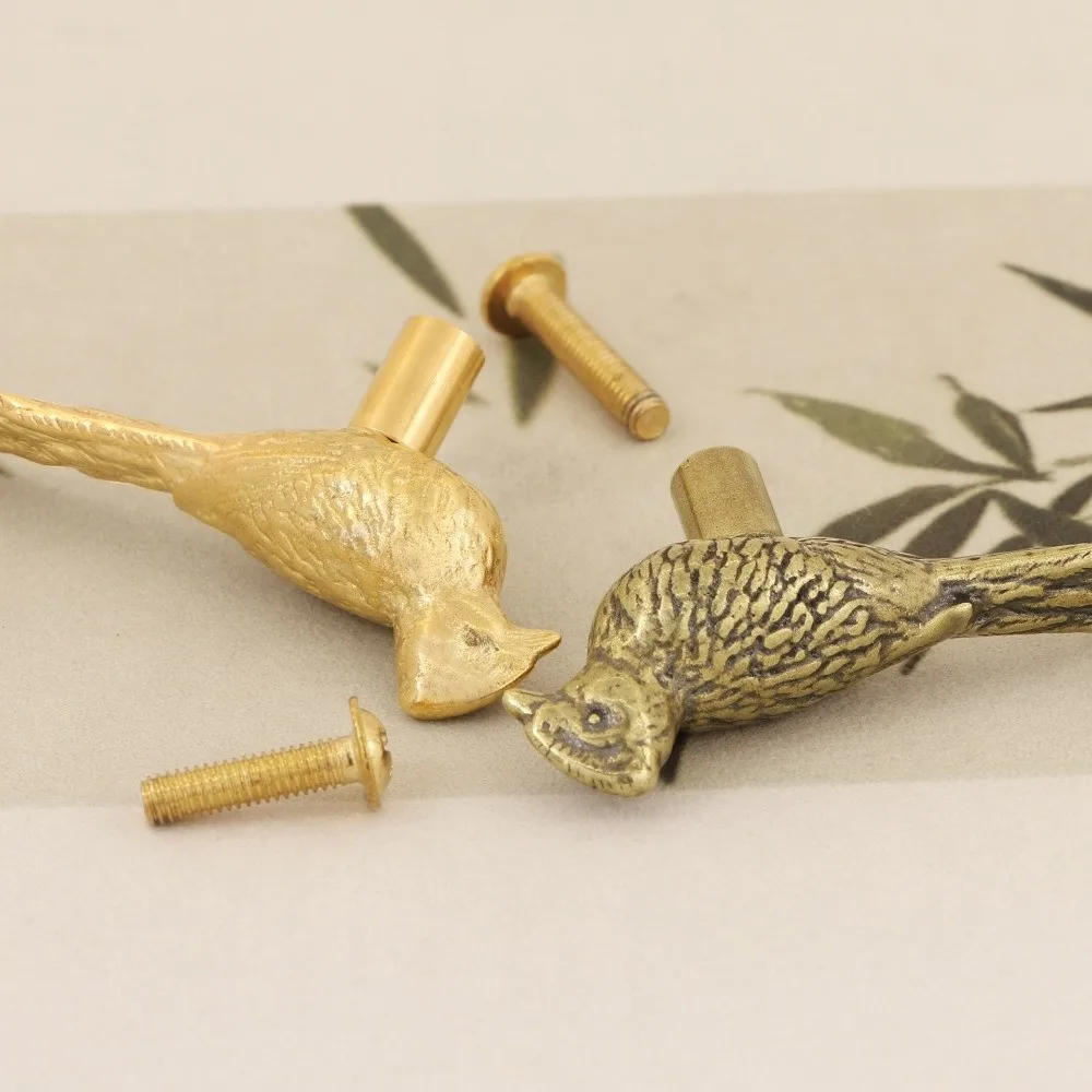 Retro Longtail Bird Brass Handle Vintage Furniture Hardware Cabinet Door Knobs Push-pull Gold Wardrobe Drawer Pulls Furniture