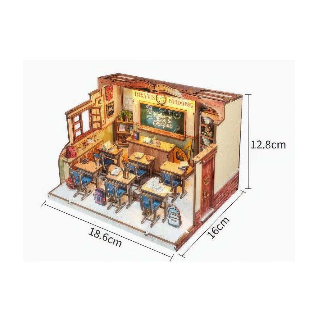 OUZEY 3D houten "Student Days" poppenhuis DIY Kit - miniatuur klaslokaalmodel met meubilair, nostalgisch cadeau voor vrienden