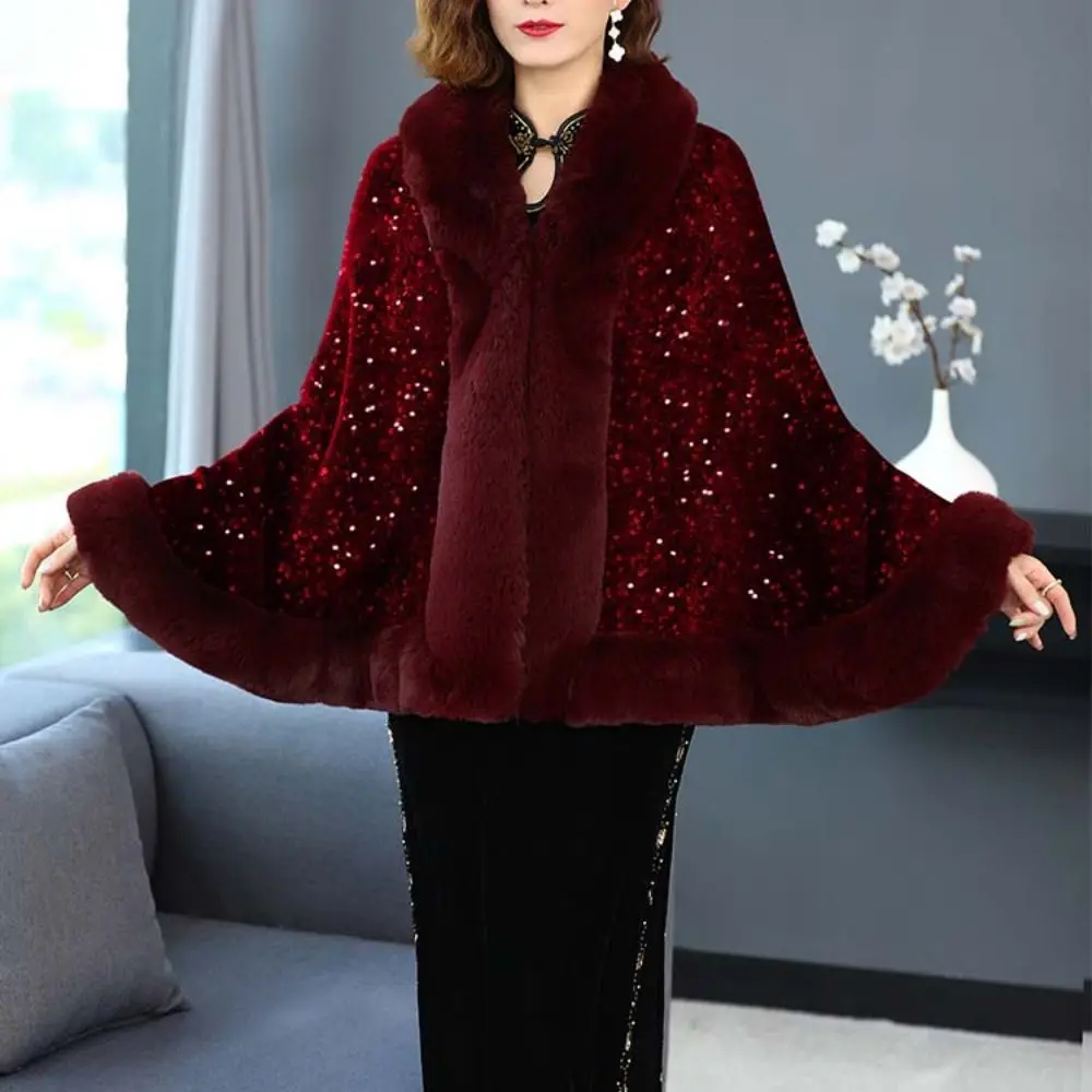 Women Fashion Autumn Winter Plush Shawl Ethnic Style Warm Thicken Cardigan Striped Artificial Wool Fur Collar Sequined Shawl