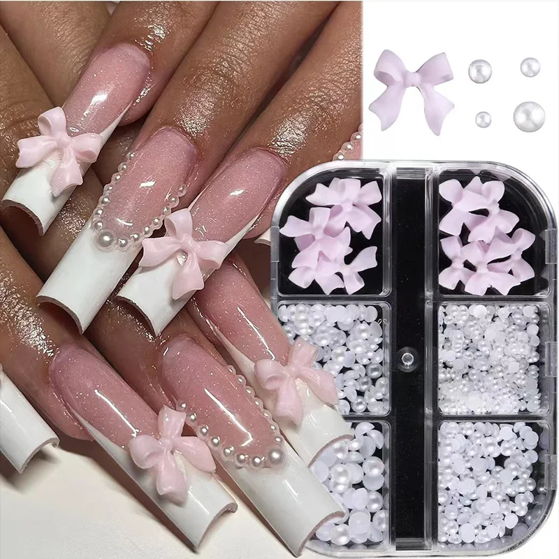 Neue Art rosa Harz Ballett Band Bogen flachen Boden Perle Nagel Charme 3d Nail Art Dekoration für DIY koreanische Maniküre Design