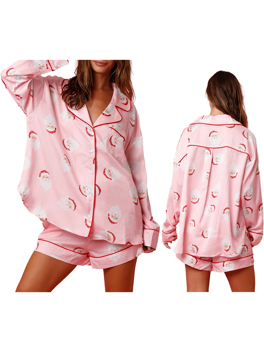 Women Christmas Pajama Set Santa Print Long Sleeve Tops and Elastic Shorts for Loungewear Soft Sleepwear for Nightwear