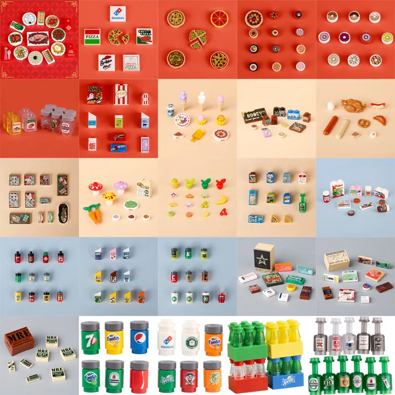 MOC Food Printed Parts Building Block Supermarket Miniature Pizza Cake Dressing Bottle Mini Bricks Toy For Kids Gift