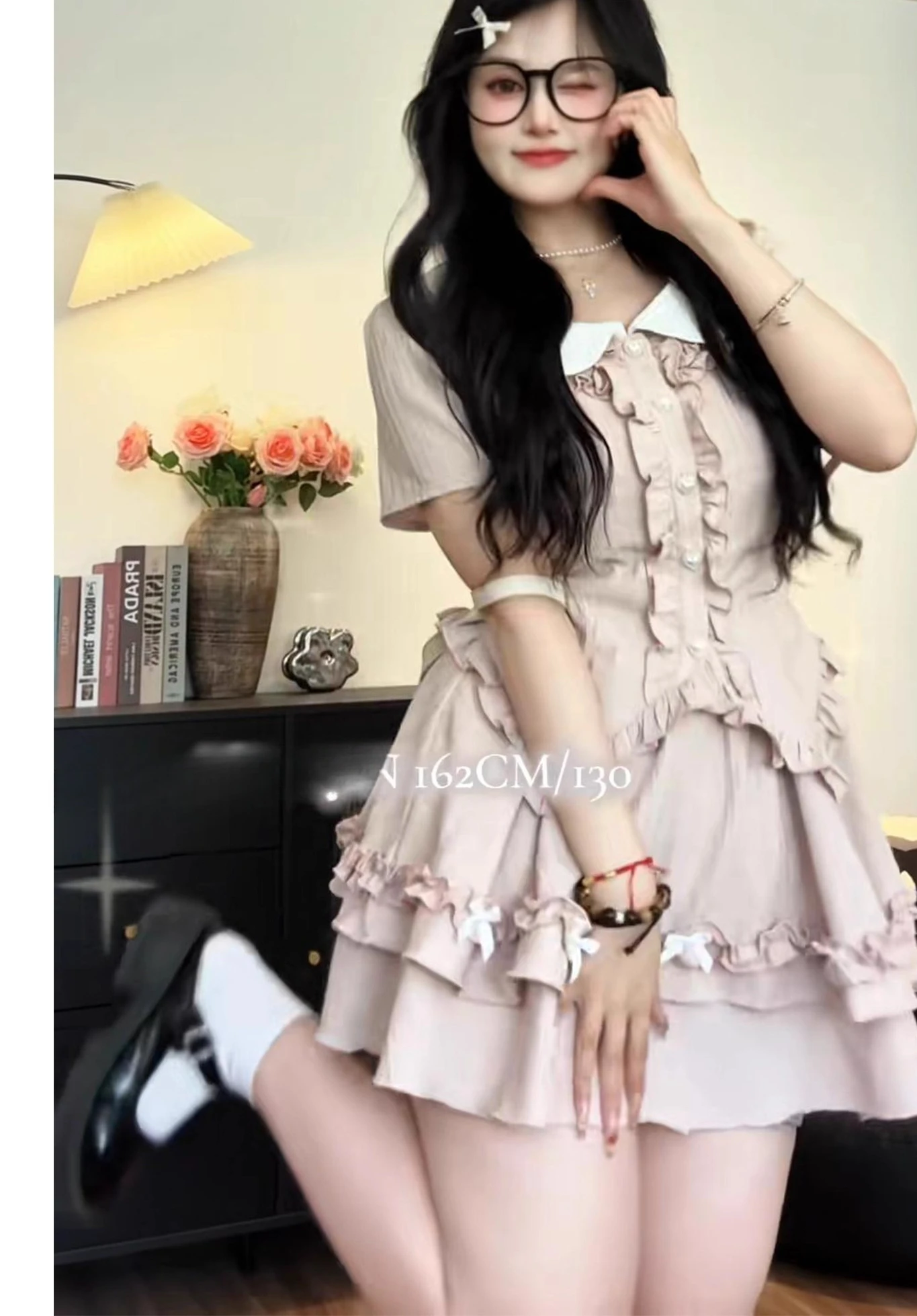 エレガントなフレンチスウィートガールサマーピーターパンカラーショートスリーブトップキュートなボウエイジリダクションプリーツケーキスカートツーピースセット