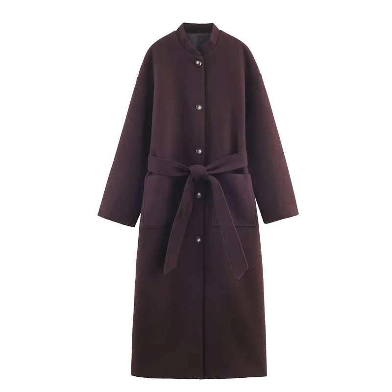 

Women's Coat 2025 Autumn/Winter New Arrivals Wine Red Long Sleeve Belted Loose Simple Style Coat Fashionable and Unique