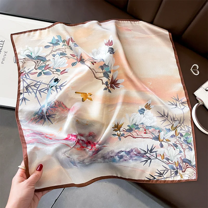 

Enianechu 100% Silk Scarf Woman Autumn Purple Green White Red Floral Print Square Scarf Luxury Handkerchiefs Winter Accessories