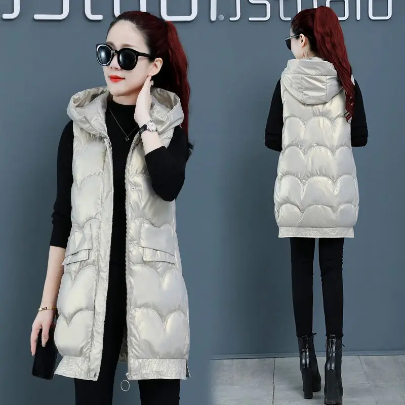 Fashion Korean Bright Down hooded Vest Coat Women Autumn Winter Long Waistcoat female Casual Thick Warm sleeveless jacket R031