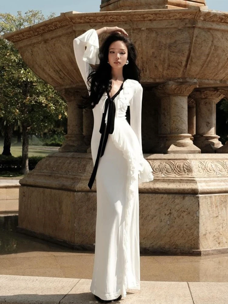 

French Style Chic Lace-up Ruffle PatchworkVWomen's Dress with Split, Slim Fit, Slimming Long Dress