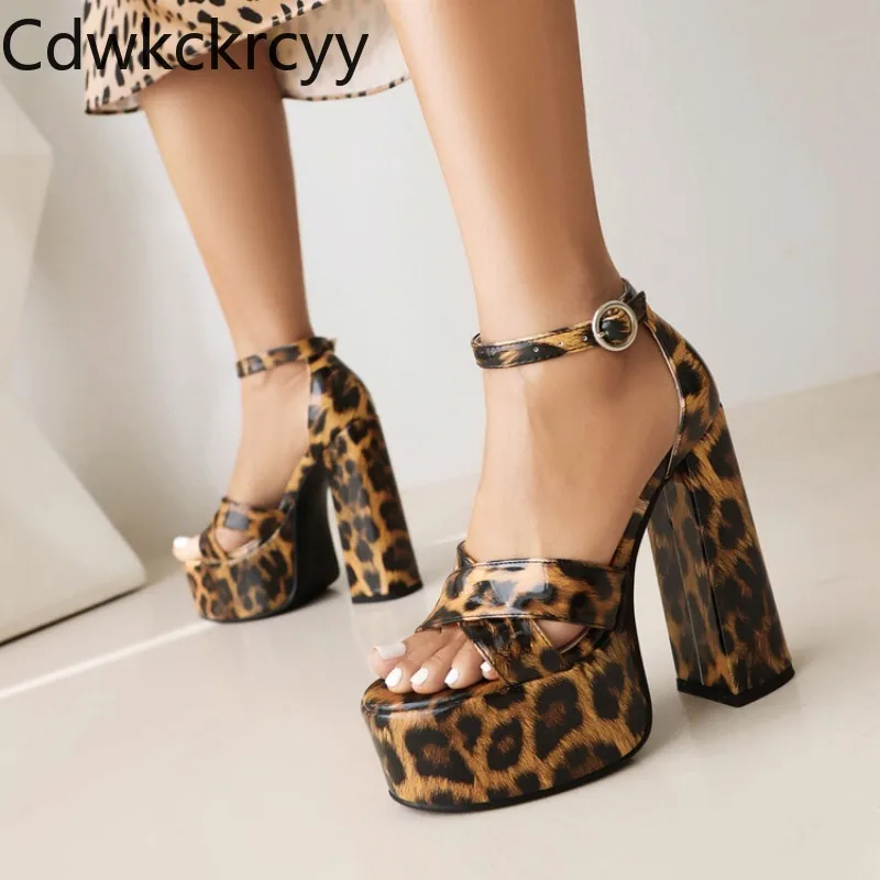 summer New styles fashion High heels Women\'s sandals sexy Leopard print party Buckle Square heel Women\'s sandals high 14cm