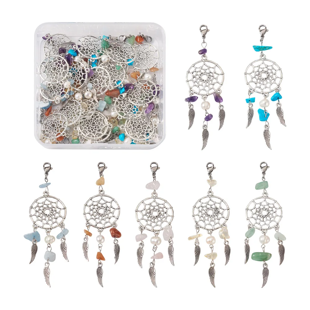1 Box Dangle Dream Catcher Gemstone Crystal Charms Pendants Feather Filigree Ethnic Hanging Ornament DIY Keychain Jewelry Making