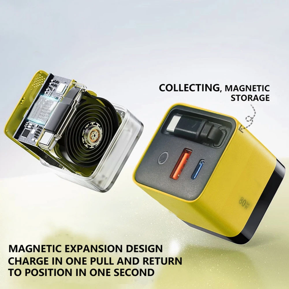 3 in 1 Retractable Phone Wall Plug Scalable 80w Max with Type C Cable and 2 USB Ports for iPhone Phone and Laptops